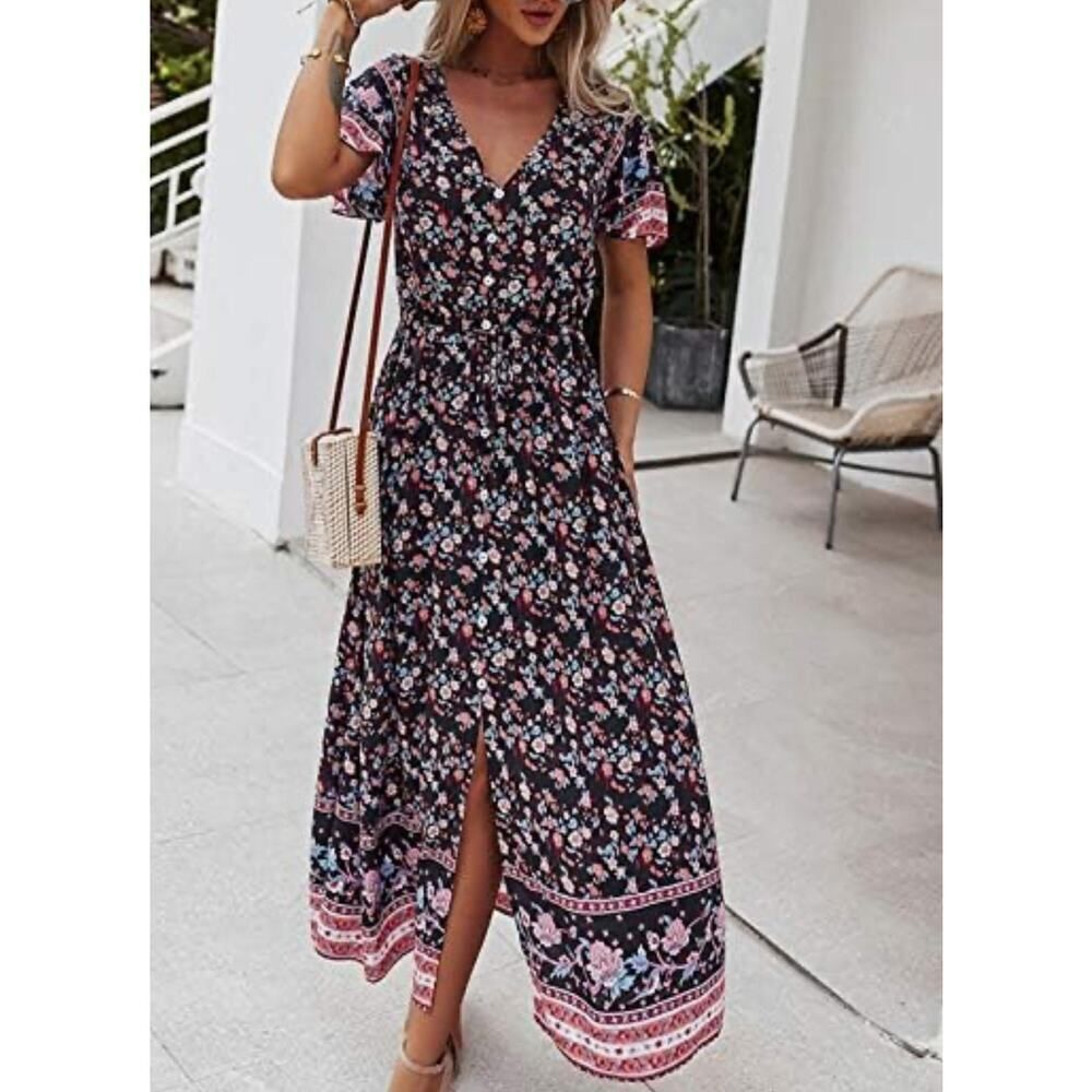 ✨BOHO Floral Maxi Dress XL black pink blue Short sleeve Festival Beachwear - Picture 2 of 6